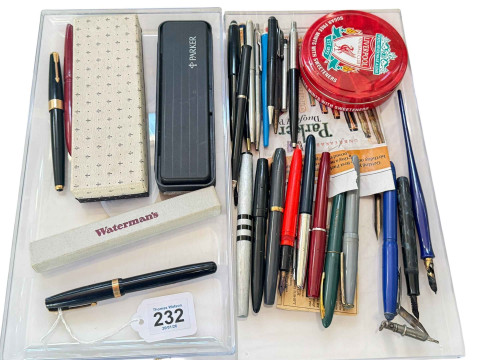 Collection of pens including 14K nibbed fountain pens, Watermans, etc.