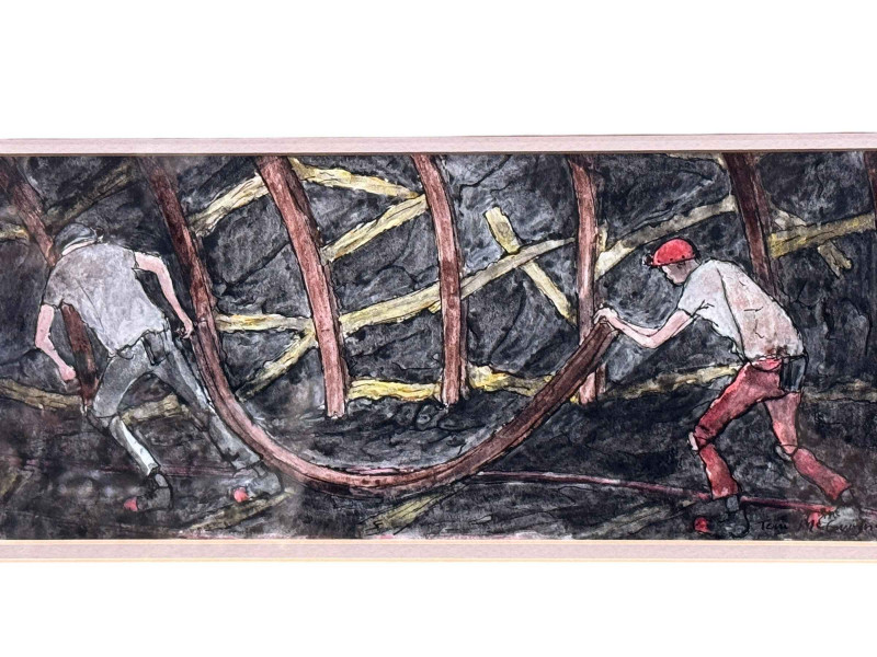 Tom McGuinness, 'Miners at the Seam', colour wash, signed lower right, 12.5cm by 30cm, framed *ARR (Artists Resale Royalty Charge) may apply to this lot*.