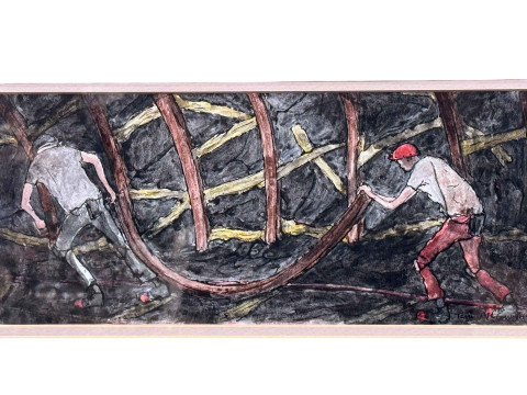 Tom McGuinness, 'Miners at the Seam', colour wash, signed lower right, 12.5cm by 30cm, framed *ARR (Artists Resale Royalty Charge) may apply to this lot*. thumbnail