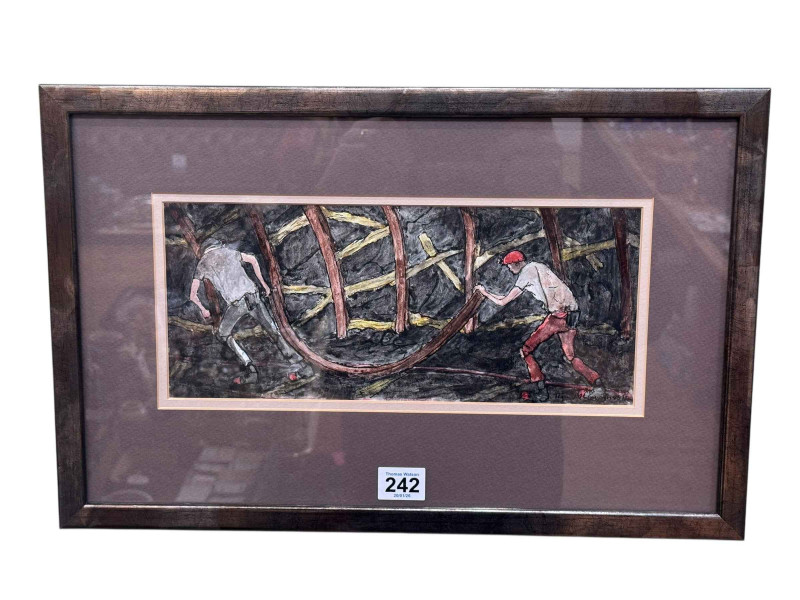 Tom McGuinness, 'Miners at the Seam', colour wash, signed lower right, 12.5cm by 30cm, framed *ARR (Artists Resale Royalty Charge) may apply to this lot*.