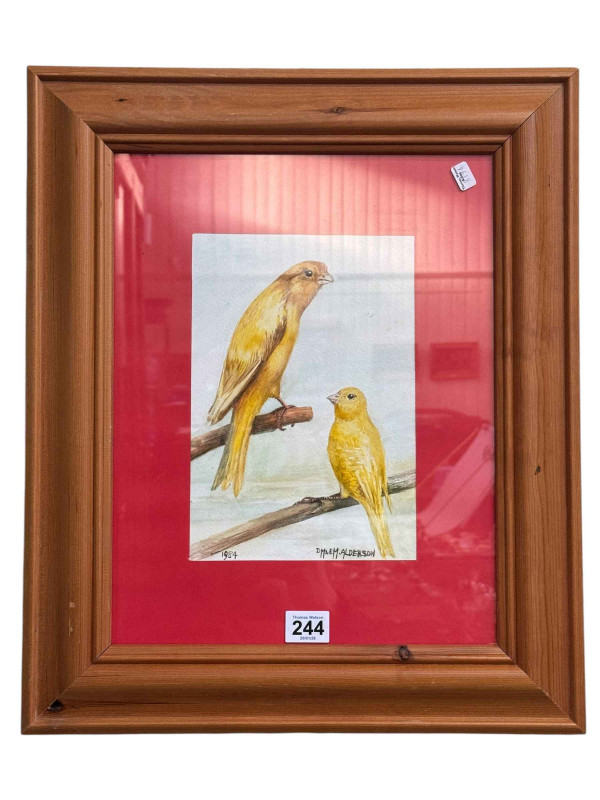 DM and EM Alderson, two canaries on branches, watercolour, signed and dated 1984, 23 x 16cm, in pine frame.