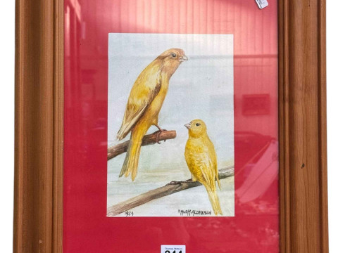 DM and EM Alderson, two canaries on branches, watercolour, signed and...