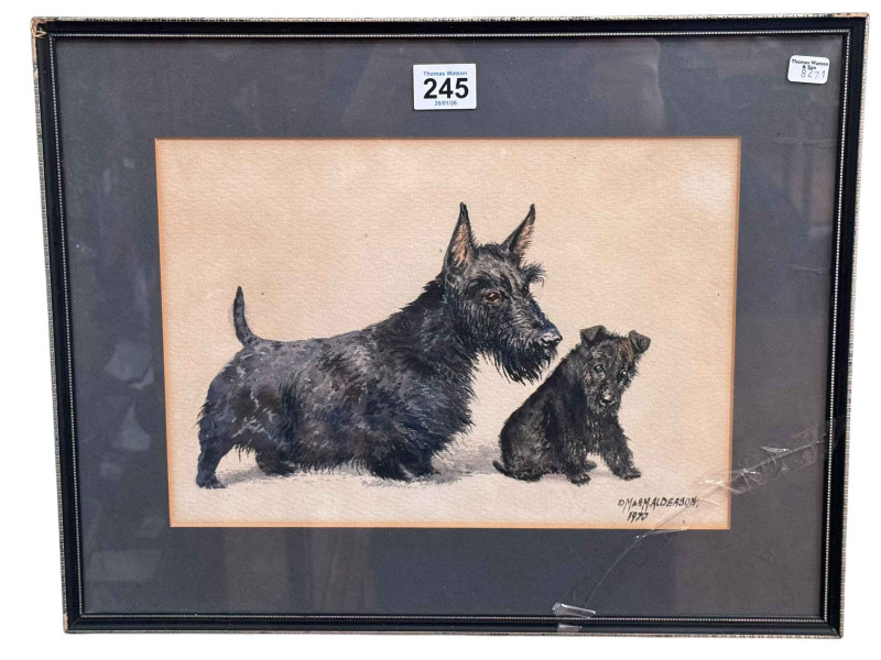 DM & EM Alderson, Scottish Terriers, watercolour, signed and dated 1970 lower right, 20cm by 29cm, framed.
