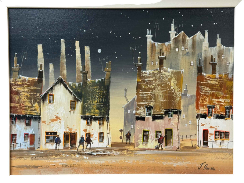 Joe Bowen, Moonlit Street Scenes, pair acrylics on board, both signed lower right, 29cm by 39cm, framed.