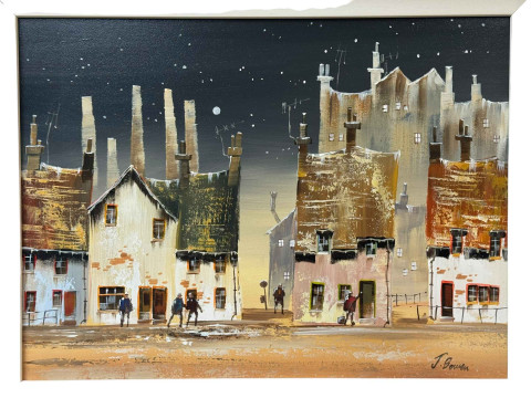 Joe Bowen, Moonlit Street Scenes, pair acrylics on board, both signed lower right, 29cm by 39cm, framed. thumbnail