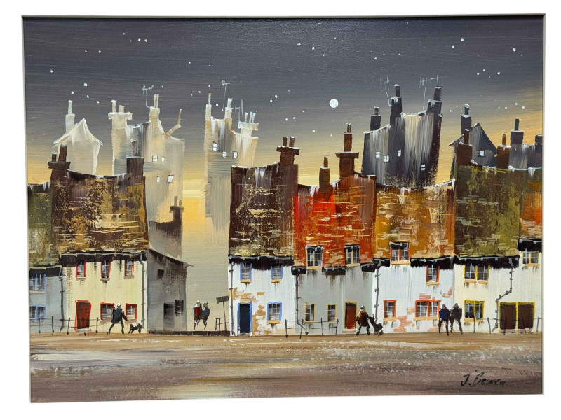 Joe Bowen, Moonlit Street Scenes, pair acrylics on board, both signed lower right, 29cm by 39cm, framed.