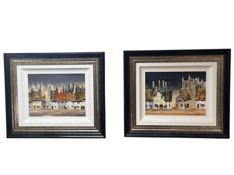 Joe Bowen, Moonlit Street Scenes, pair acrylics on board, both signed lower right, 29cm by 39cm, framed.