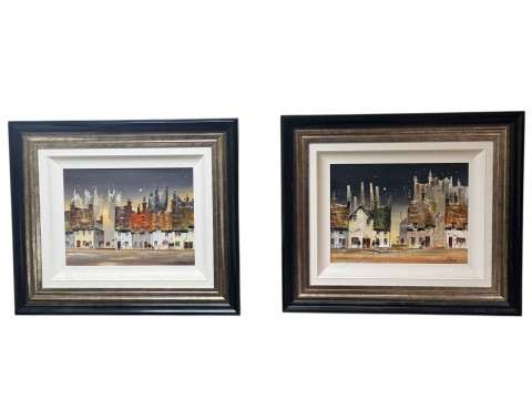 Joe Bowen, Moonlit Street Scenes, pair acrylics on board, both signed...