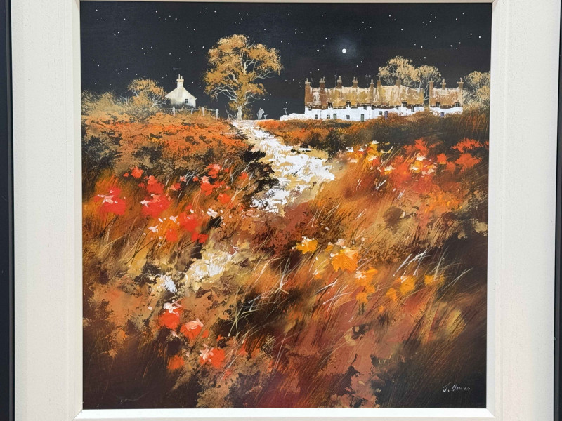 Joe Bowen, Path Leading to Moonlit Village, acrylic on board, signed lower right, 59.5cm by 59.5cm, framed.