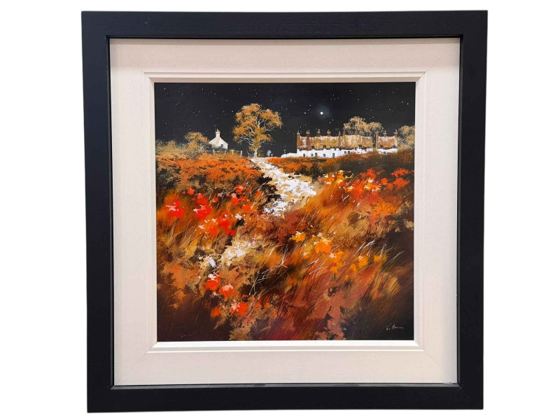 Joe Bowen, Path Leading to Moonlit Village, acrylic on board, signed lower right, 59.5cm by 59.5cm, framed.