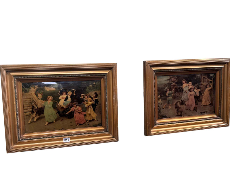 Pair gilt framed bevelled chrystoleums depicting children at play, 41cm by 53.5cm, including frames.