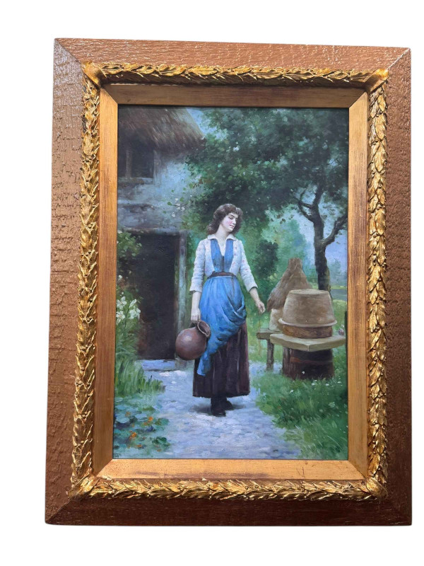 Lady Carrying an Empty Water Jug Outside a Thatched Cottage, unsigned oil on canvas, 59.5cm by 39.5cm, in gilt frame.