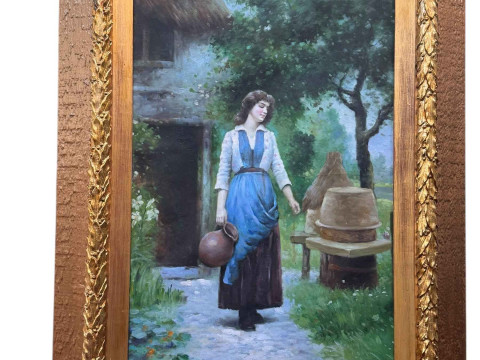 Lady Carrying an Empty Water Jug Outside a Thatched Cottage, unsigned...