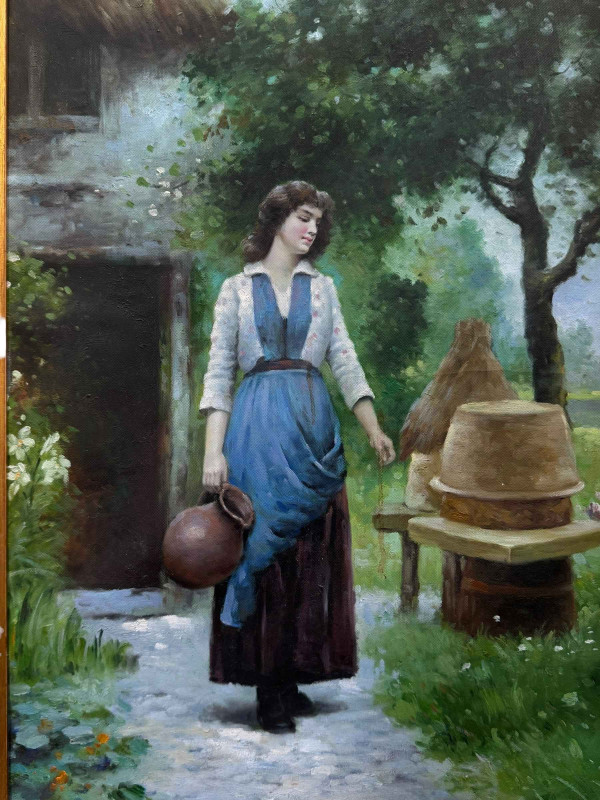 Lady Carrying an Empty Water Jug Outside a Thatched Cottage, unsigned oil on canvas, 59.5cm by 39.5cm, in gilt frame.