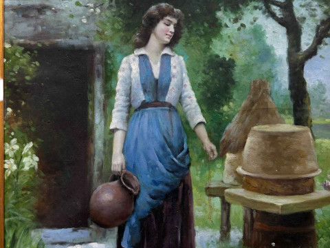 Lady Carrying an Empty Water Jug Outside a Thatched Cottage, unsigned oil on canvas, 59.5cm by 39.5cm, in gilt frame. thumbnail