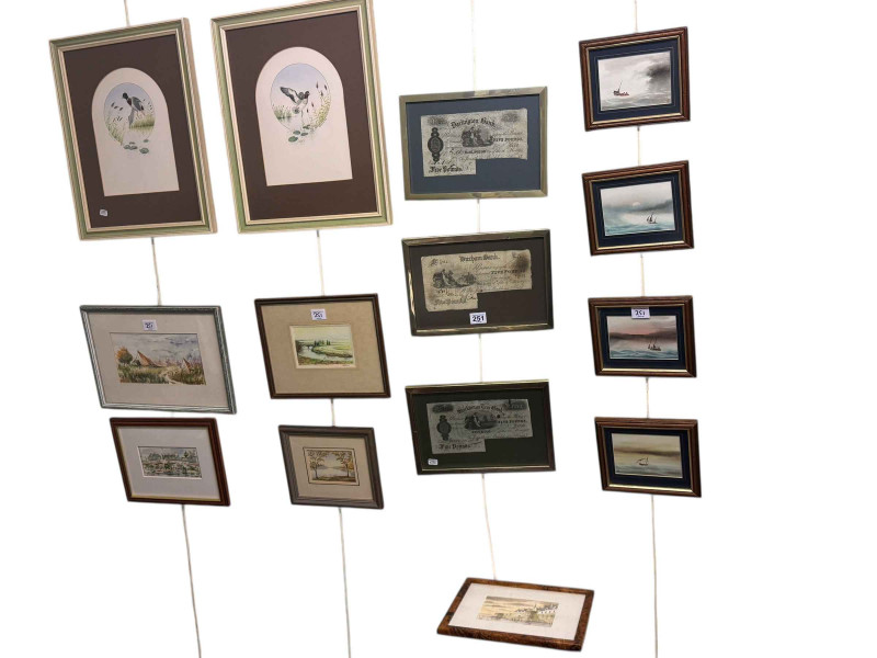 Collection of seventeen various pictures including small signed watercolours, three framed bank notes, etc.