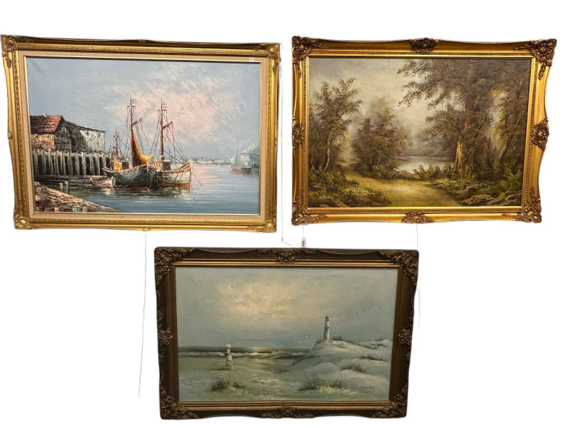 Three large contemporary oils on canvas including Harbour, Landscape and Sea Shore.