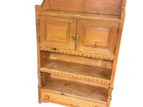 Oak fold top dinner wagon, pine wall cabinet and large oval oak framed wall mirror (3). thumbnail