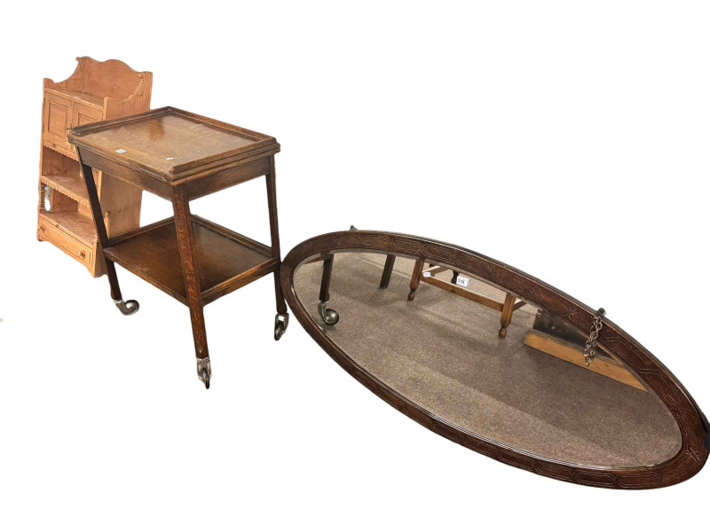 Oak fold top dinner wagon, pine wall cabinet and large oval oak framed wall mirror (3).