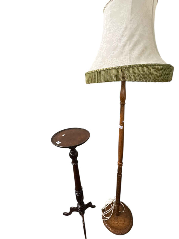 Pine trunk, oak barley twist occasional table, oak elbow chair, mahogany triform plant stand and standard lamp and shade (5).