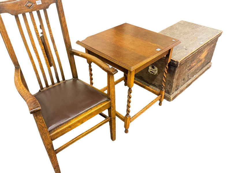Pine trunk, oak barley twist occasional table, oak elbow chair, mahogany triform plant stand and standard lamp and shade (5).