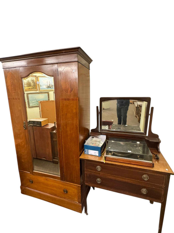 Edwardian inlaid mahogany mirror door wardrobe and dressing table and walnut nine-drawer kneehole desk (3).