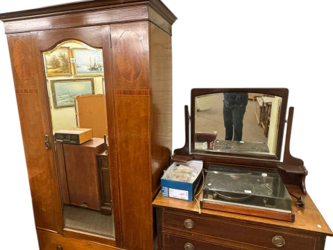 Edwardian inlaid mahogany mirror door wardrobe and dressing table and...