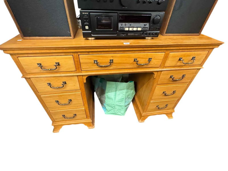 Edwardian inlaid mahogany mirror door wardrobe and dressing table and walnut nine-drawer kneehole desk (3).