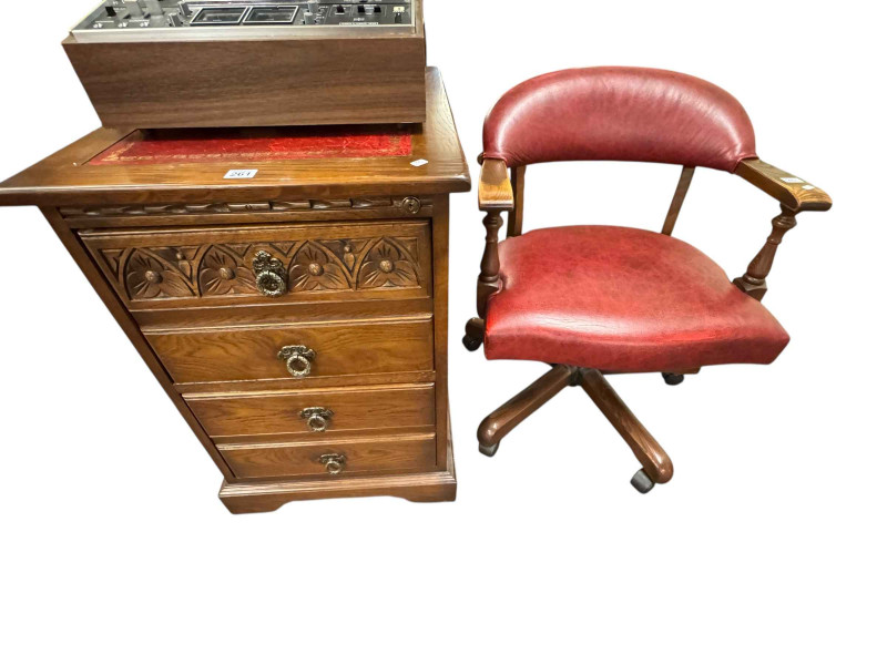 Old Charm leather topped carved oak two drawer filing cabinet and red leather swivel office desk chair (2).