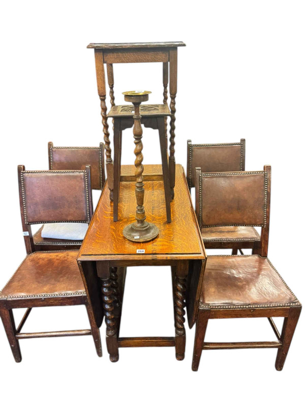 Oak barley twist drop leaf dining table, set of four studded hide dining chairs, oak barley twist occasional table, carved oak plant stand and smokers stand (8).