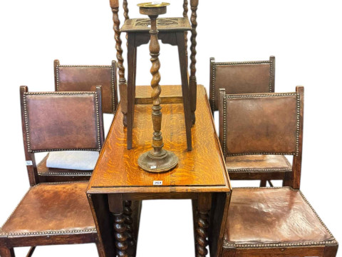 Oak barley twist drop leaf dining table, set of four studded hide dining...