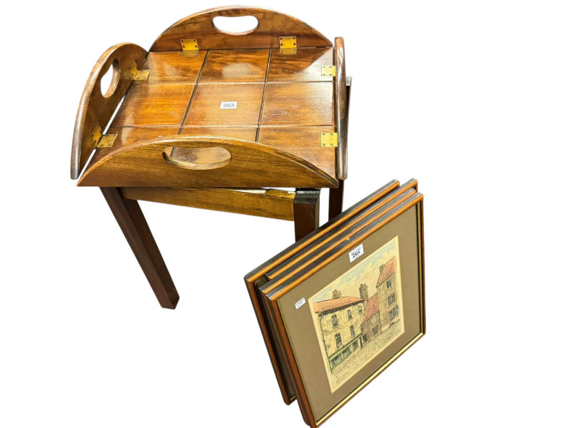 Small butlers tray and stand, and set of four framed local prints by John Stone (5).
