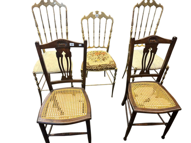 Three brass framed occasional chairs (2x1) and pair Edwardian bedroom chairs (5).