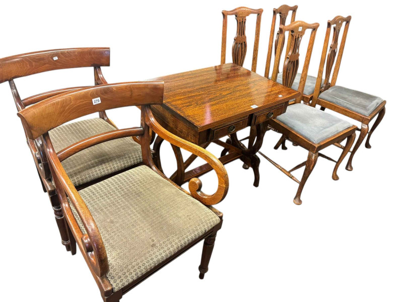 Pair Victorian mahogany bar back scroll arm elbow chairs, two drawer side table and set of four oak cabriole leg dining chairs (7).