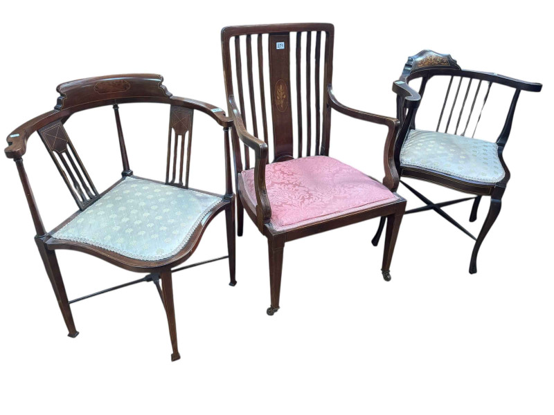 Two Edwardian inlaid mahogany corner elbow chairs and inlaid mahogany elbow chair (3).