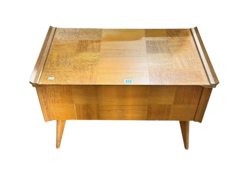 Mid Century Parquetry light oak sewing box and contents, 42cm by 66cm by 38cm.