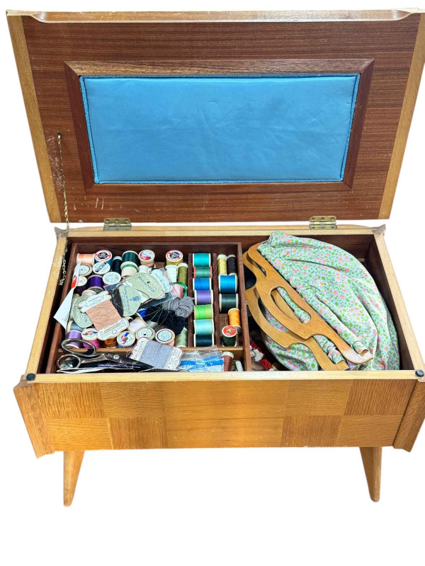 Mid Century Parquetry light oak sewing box and contents, 42cm by 66cm by 38cm.