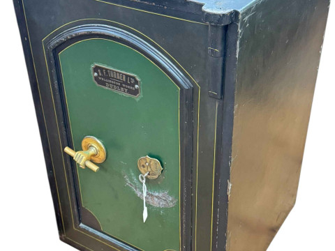SF Turner Ltd, Dudley, vintage floor safe and key, 81.5cm by 54cm by 54cm.