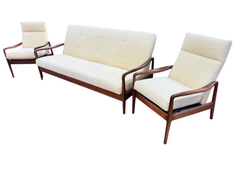 Greaves & Thomas? Mid Century teak three piece sofa bed lounge suite.