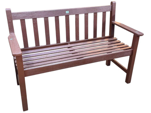 Stained wood slat garden bench, 84cm by 127cm by 55cm.