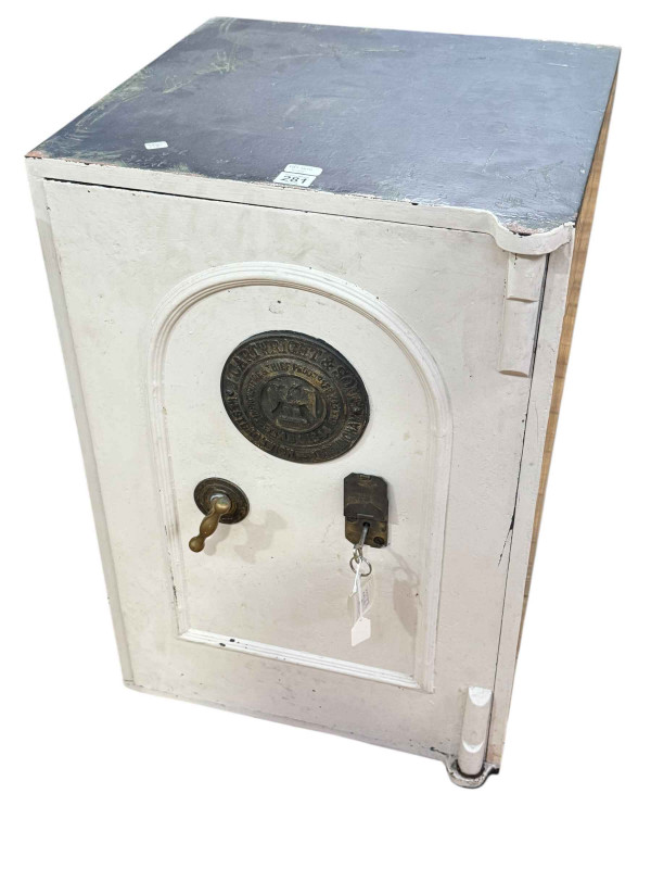 J Cartwright & Sons, Birmingham, vintage floor safe and key, 71.5cm by 48cm by 48cm (handle needs attention).