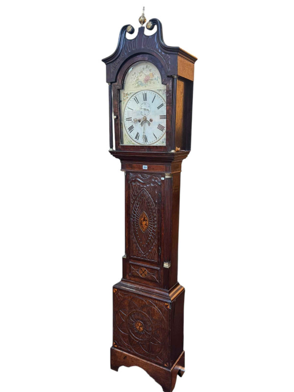 Antique carved oak and shell inlaid eight day longcase clock having floral painted arched dial, 234cm.