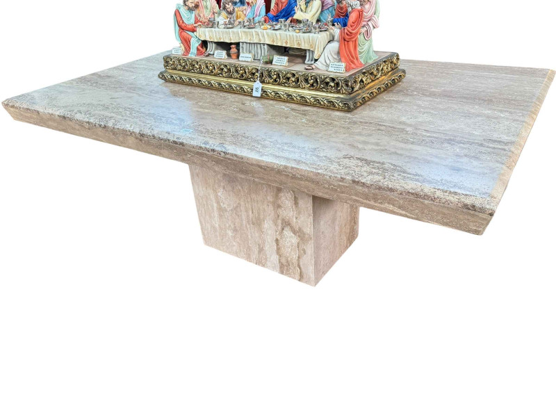 Travertine rectangular composite pedestal dining table, 74.5cm by 100cm by 170cm.