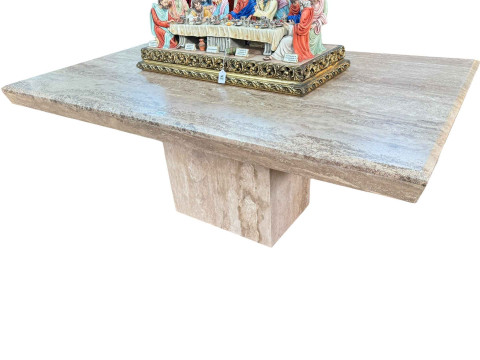 Travertine rectangular composite pedestal dining table, 74.5cm by 100cm...