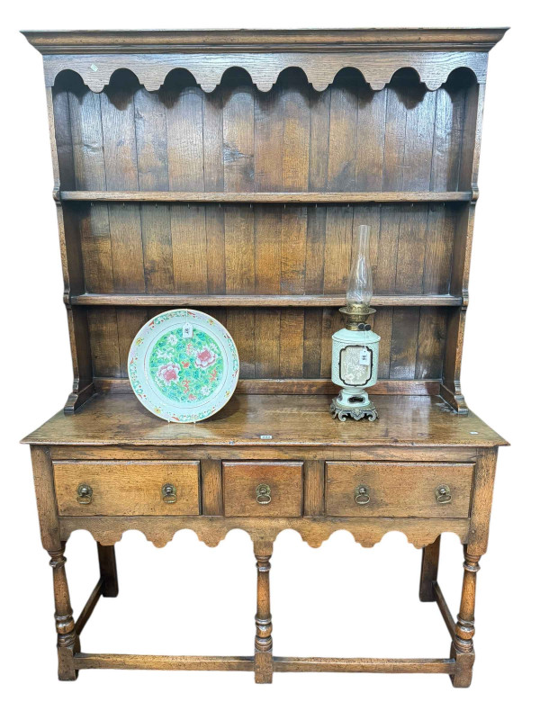 Period style oak shelf back three drawer dresser, 196cm by 137cm by 46cm.