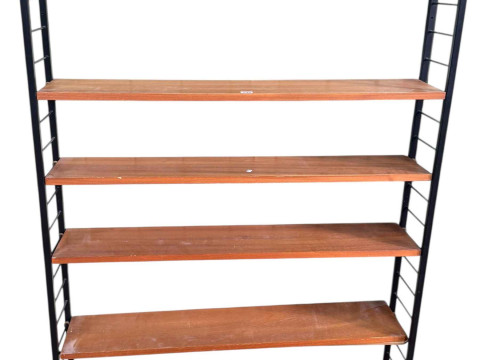 Mid Century teak and black ladder rack unit with six adjustable shelves,...