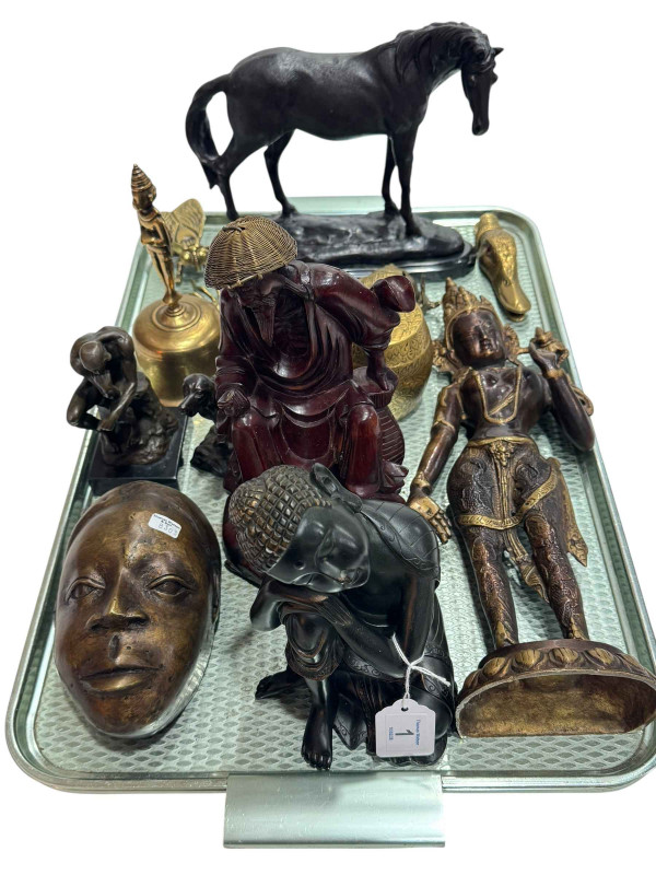 Collection of bronze, brass, wood and other figures and artefacts including statue of a Bodhisattva (14),