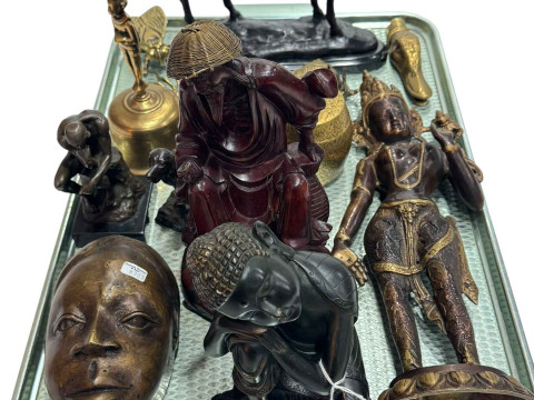 Collection of bronze, brass, wood and other figures and artefacts including...