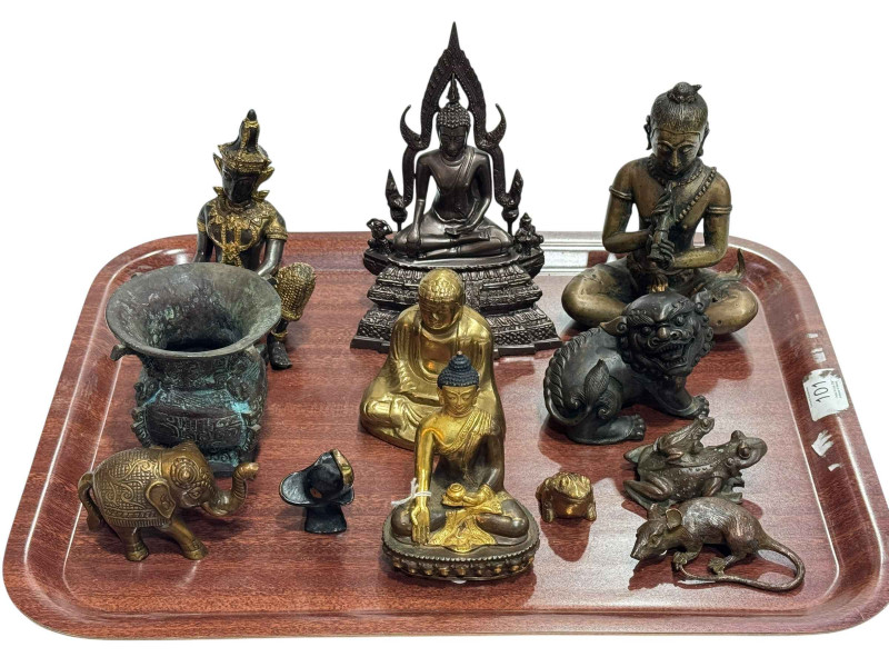 Collection of bronze and brass Buddha's, Krishna, creatures and a vase (12).