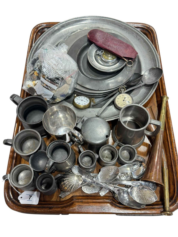 Antique pewter chargers, plates and measures, buttons, lorgnette, oak tray, copper horns, pocket watches, EP spoons, etc.